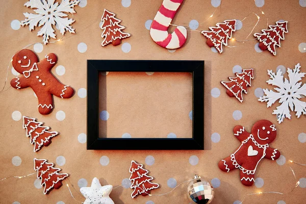 Vánoční Domácí Perníkové Sušenky Maketovým Rámem Domácí Pečené Sušenky Slavnostní — Stock fotografie