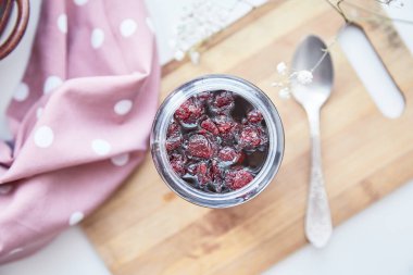 Düzgün beslenme. Kızılcık ile mayalanmış sağlıklı bal ürünü. Evde yiyecek koruyucusu, rahat, kırsal düzlük. Lezzetli tarif konsepti. Virüs önleyici yiyecekler. Anti-bakteriyel, anti-viral ürün