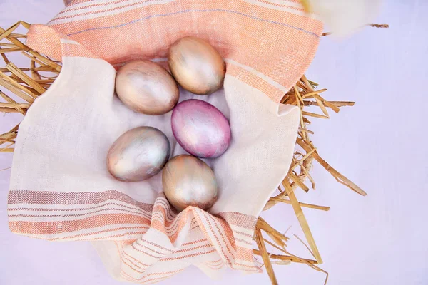 Easter Eggs Wicker Straw Basket Veri Peri Orange Multicolored Eggs — Photo