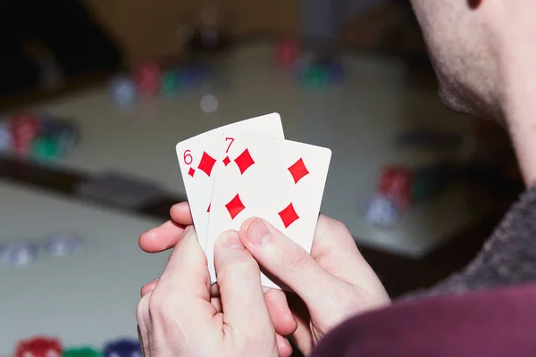 Man Holds Playing Cards Poker Game Cards Dices Glasess Champagne — Stock Photo, Image