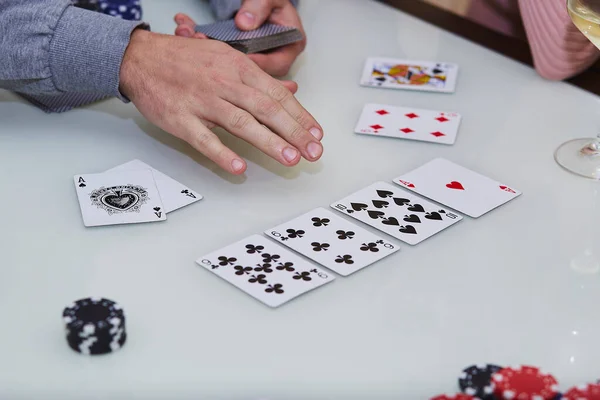 Man Hands Shuffle Cards Aces Table Poker Game Chips Cards — Stock Photo, Image