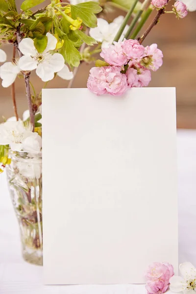 Spring Delicate Postcard Mock Vase Spring Pink White Yellow Flowers — Zdjęcie stockowe
