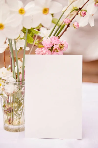 Spring Rustic Postcard Mock Vase Spring Pink White Yellow Flowers — Zdjęcie stockowe