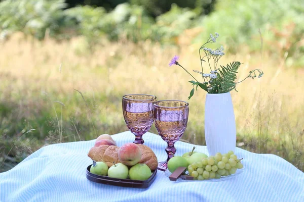 Yaz Pikniğinde Kruvasan Meyve Çikolata Bir Bardak Şarapla Ormanda Kır — Stok fotoğraf