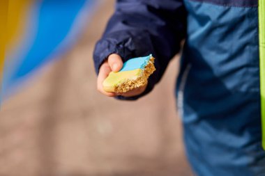 Vatansever küçük çocuk Ukrayna 'nın sembolik mavi ve sarı kurabiyelerini yiyor. Uzayı kopyala Ukrayna 'nın yanında dur. Ukrayna 'yı destekleyin. Rus saldırganlığı kavramını bırak. Ukrayna 'daki savaşı durdurun. Ukrayna için dua et..