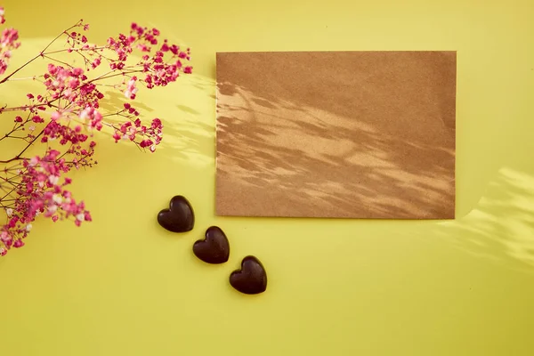 Spring Festive Vintage Card Mock Shadows Chocolate Hearts Women Day — Stockfoto