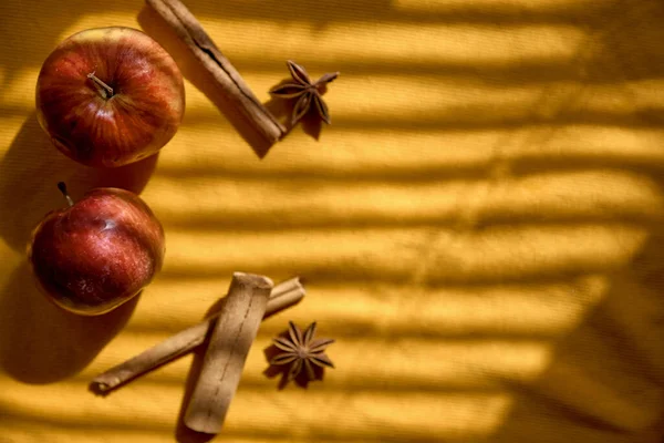Autumn food with copy space and trendy shadows. Creative photography: apples, star anise and cinnamon sticks. Top view. Vitamins, healthy food concept. Autumn cooking. Autumn mood board.