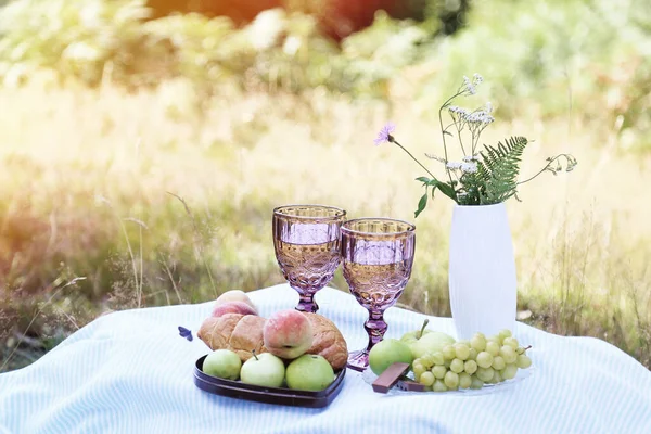 Romantic Summer Picnic Croissants Fruits Chocolate Grapes Glasses Wine Forest — 스톡 사진