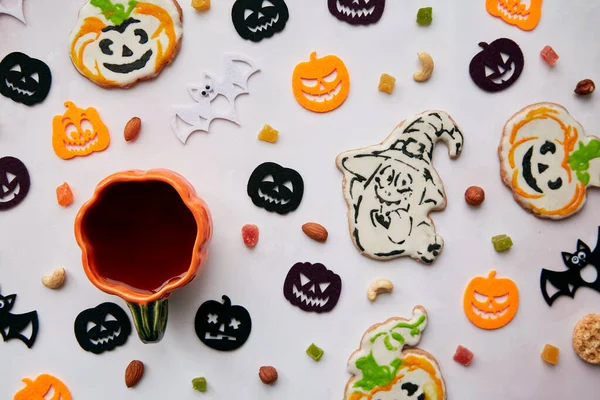 Homemade Pumpkin Ghost Cookies Halloween Felted Decorations Nuts Candied Fruits — Stock Photo, Image