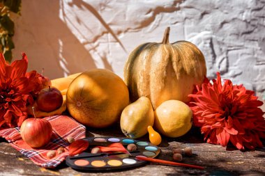 Sonbahar estetik fuarı: sarı fuarlar meyveler, sebzeler. Fırçayla parlak boyalar ve kırmızı Georgine süslemesi. Balkabağı, armut, elma ve kavun. Şükran Günü konsepti. Sonbahar hala yaşıyor modern gölgeler. Yüksek kalite fotoğraf