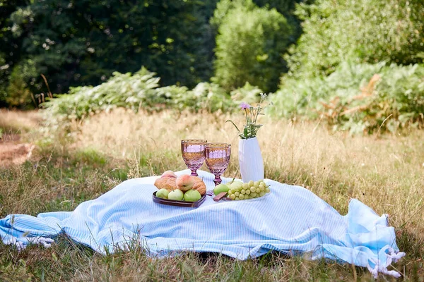 Pique Nique Romantique Été Avec Croissants Fruits Chocolat Raisins Verres — Photo