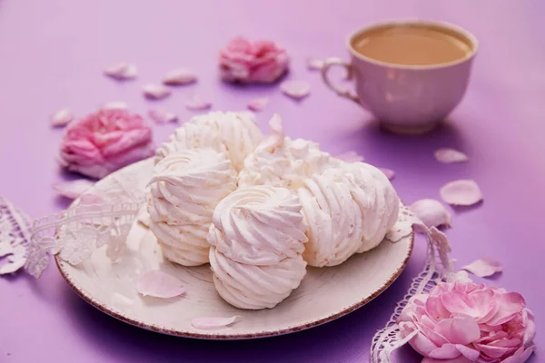 Marshmallows Naturels Faits Maison Sans Sucre Vanillé Avec Une Tasse — Photo