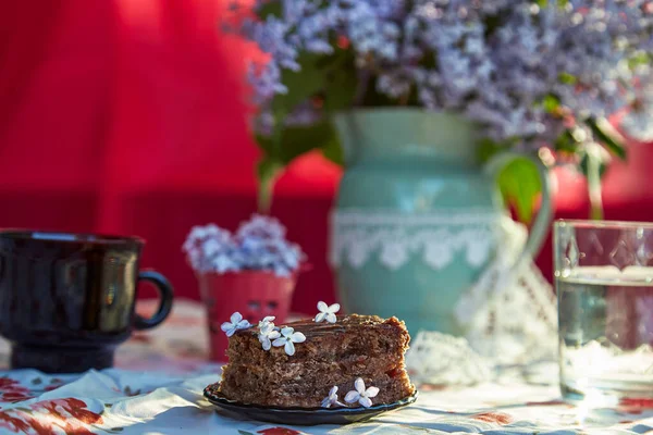 審美的な自家製チョコレートケーキ 花の間でコーヒーのデザートとカップ 大気中の朝食 — ストック写真