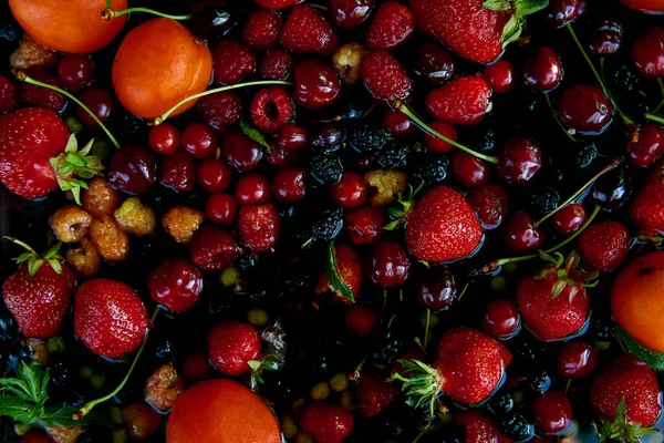 Summer Fresh Fruits Berries Background Strawberries Apricots Cherries Mulberry Currant — Foto de Stock