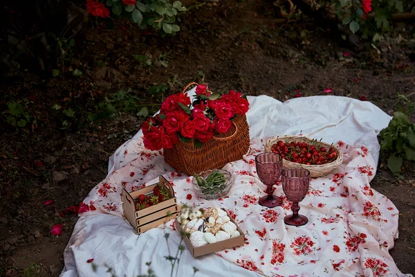 Ρομαντικό Θηλυκό Αισθητική Καλοκαιρινό Πικ Νικ Τραπεζομάντηλα Marshmallows Φράουλες Ποτήρια — Φωτογραφία Αρχείου