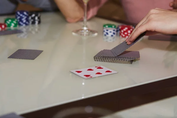 Womens Hands Take Cards Concept Playing Poker Table Chips Cards — ストック写真