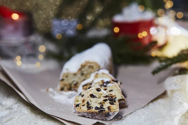 Christmas Stollen Christstollen Classic Yeast Bread Christmas Tradition Bokeh Background — Stock Photo, Image