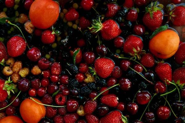 Summer Fruits Berries Background Apricots Strawberries Cherries Mulberry Currant Raspberries — Foto de Stock