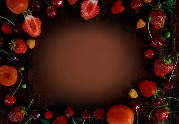 Summer Fresh Fruits Berries Background Copy Space Strawberries Apricots Cherry —  Fotos de Stock