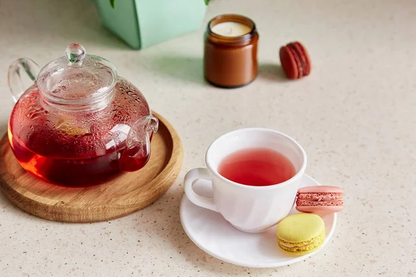 Cozy Tea Time Cup Tea Teapot Macaroons Herbal Raspberry Natural — Stockfoto