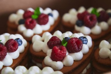 Raw vegan french tart with fresh berries close up. Sugar and gluten free handmade dessert.