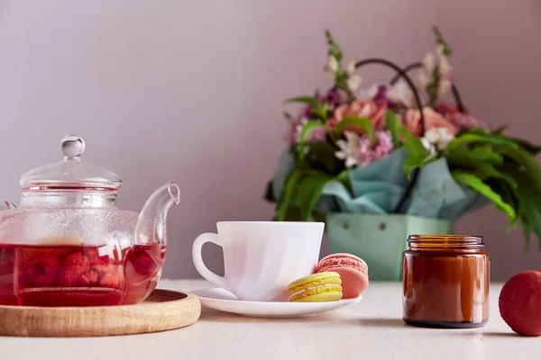 Autumn Cozy Tea Time Cup Tea Glass Teapot Candle Macaroons — Photo