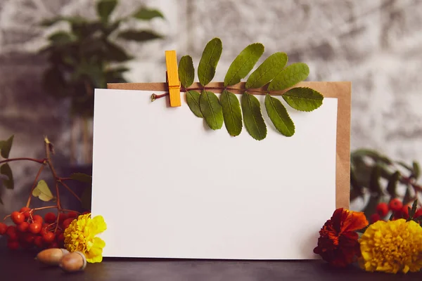 Esztétikai Évjárat Őszi Gúnyolódás Üres Képeslapot Írószer Kártya Mockup Virágokkal — Stock Fotó