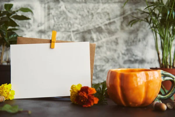Aesthetic autumn mockup among home plants and marigold,leaves, creative cup in shape of pumpkin. Crafting empty stationery card, postcard, mockup. Sustainable, eco-friendly lifestyle background.