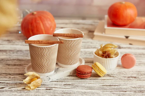 Aesthetics Romantic Autumn Lunch Cardboard Cups Pumpkin Latte Cinnamon Sticks — Stock Photo, Image