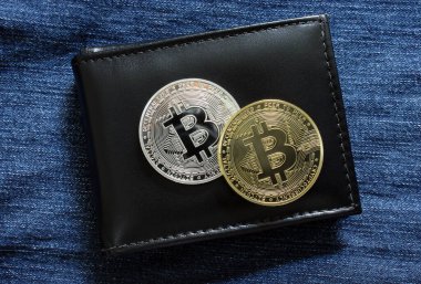 Recife, Pernambuco, Brezilya - 18 Ekim 2021 Bitcoin altın para ve deri cüzdan. Kripto para bir ödeme biçimi olarak.