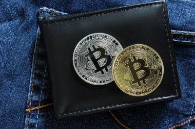 Recife, Pernambuco, Brezilya - 18 Ekim 2021 Bitcoin altın para ve deri cüzdan. Kripto para bir ödeme biçimi olarak.