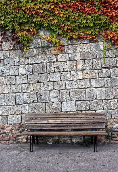 Trä Bänk Med Blommig Tegelvägg Bakgrund Bakgrund Med Utrymme För — Stockfoto