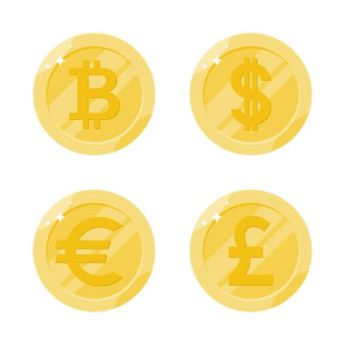 Semboller: Bitcoin, Dollar, Euro ve Pound. Vektör illüstrasyon finans teması.
