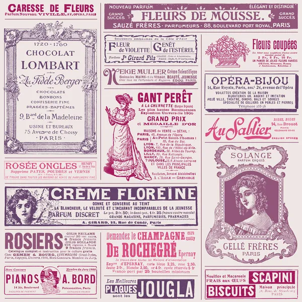 Vintage γαλλική διαφημίσεις για γυναικεία θέματα — Διανυσματικό Αρχείο