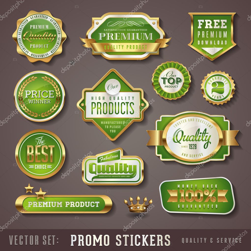 Set of green and golden quality stickers