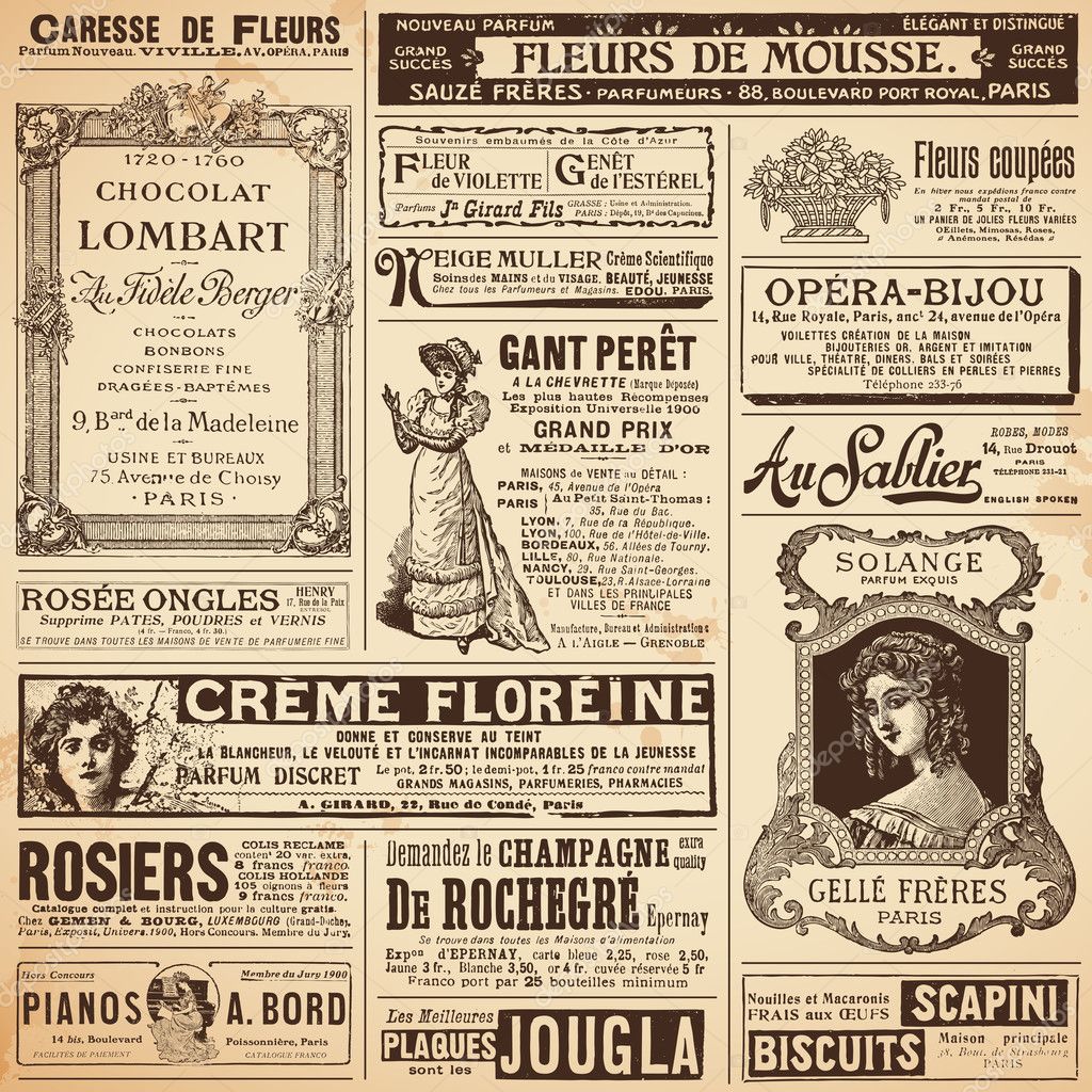 Background made of vintage french ads on ladies' topics