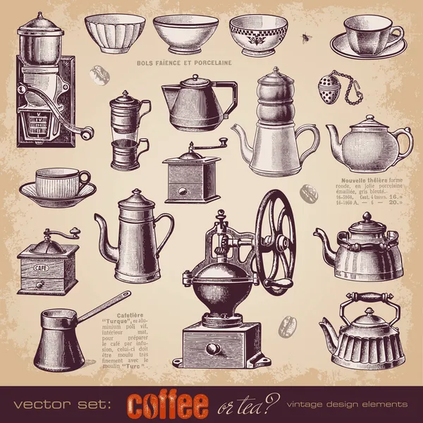 Kaffee oder Tee - Set mit Vintage-Elementen — Stockvektor