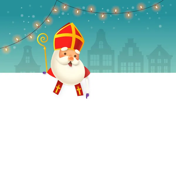 Cute Saint Nicholas Sinterklaas Board Παρουσιάζοντας Κάτι Χειμερινό Νυχτερινό Τοπίο — Διανυσματικό Αρχείο