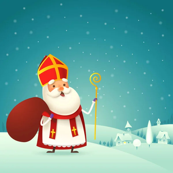 Симпатичный Святой Николай Синтез Подарочной Сумкой Зимний Ночной Пейзаж — стоковый вектор