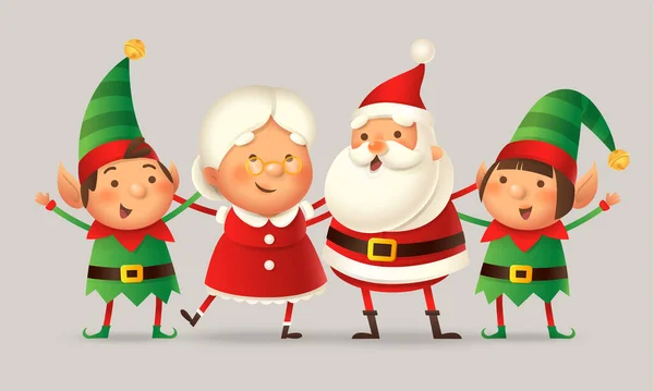 Nette Freunde Feiern Weihnachten Weihnachtsmann Frau Claus Elfenmädchen Und Junge — Stockvektor