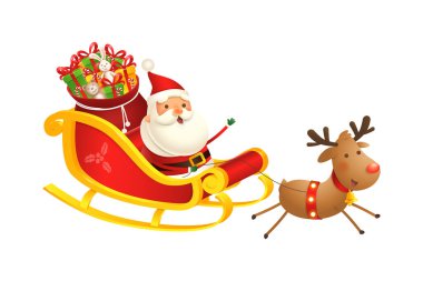 Ren geyiğiyle şirin ve mutlu bir Noel Baba kızağı. Vektör çizimi izole edilmiş.