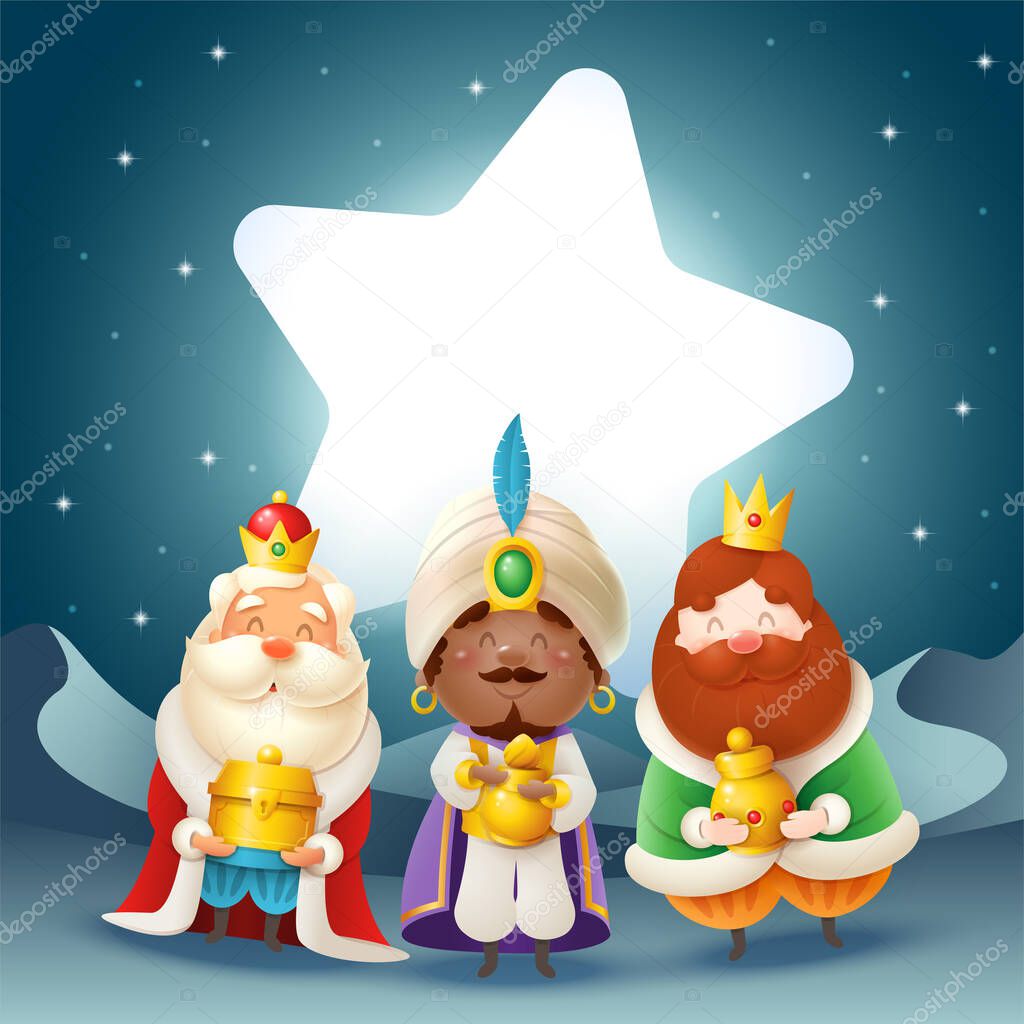 Three Kings with gifts celebrate Epiphany in front of star - night scene