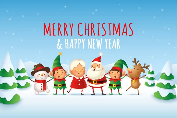 Happy Cute Santa Claus Mrs Claus Elves Rindeer Snowman Celebrate — стоковый вектор