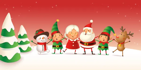 Papai Noel Amigos Celebram Férias Natal Bandeira Paisagem Inverno —  Vetores de Stock