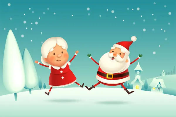 Père Noël Mme Claus Célèbrent Noël Paysage Hivernal — Image vectorielle