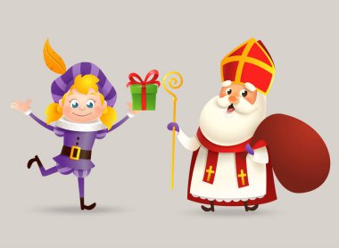Yeşil kostümlü şirin çocuk ve Aziz Nicholas ya da Sinterklaas - Aziz Nicholas gününü kutluyor - vektör illüstrasyonu
