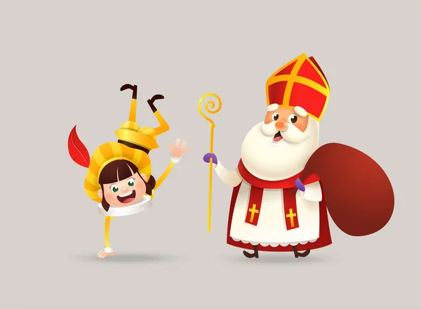 Nettes Mädchen Und Sankt Nikolaus Oder Sinterklaas Feier Sankt Nikolaus — Stockvektor