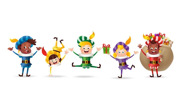 Crianças Felizes Fofas Celebram Dia São Nicolau Dia Sinterklaas Ilustração — Vetor de Stock