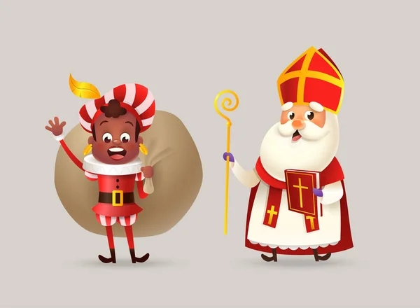 Cute Kid Red Costume Gift Bag Saint Nicholas Sinterklaas Celebration — Stock Vector