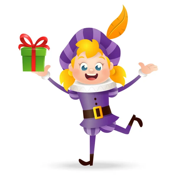 Cute Girl Purpurowym Stroju Prezentem Przyjaciel Sinterklaas Ilustracja Wektor Izolowane — Wektor stockowy